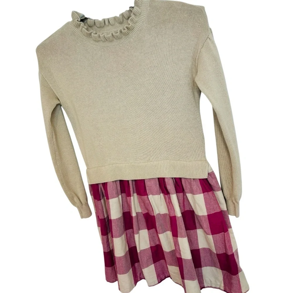 GAP KIDS 2-in-1 SWEATER DRESS, TAN & CRANBERRY PLAID, SIZE L